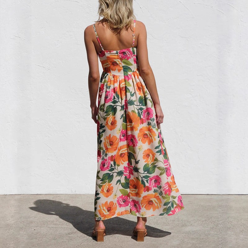 Floral maxi dress with gathered waist, lifestyle view