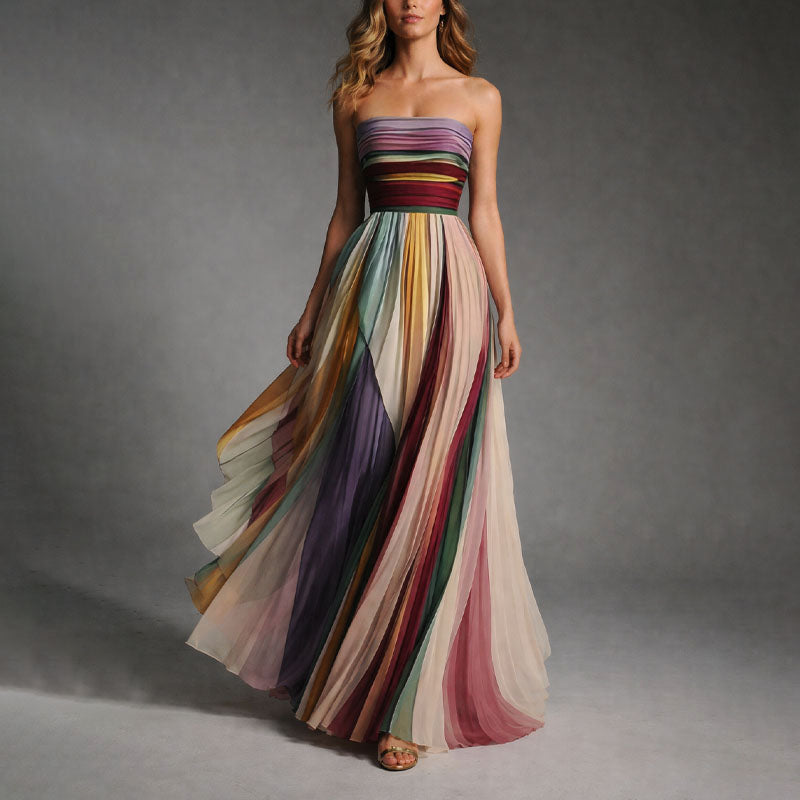 Multi-colour strapless pleated maxi dress