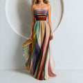 Multi-colour strapless pleated maxi dress, front view
