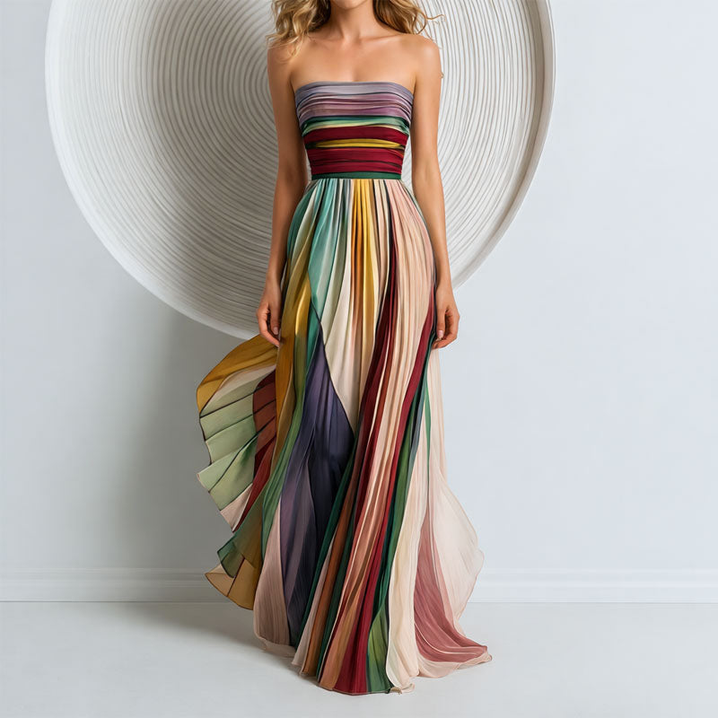 Multi-colour strapless pleated maxi dress, front view