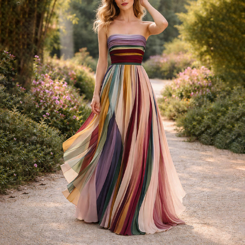Multi-colour strapless pleated maxi dress