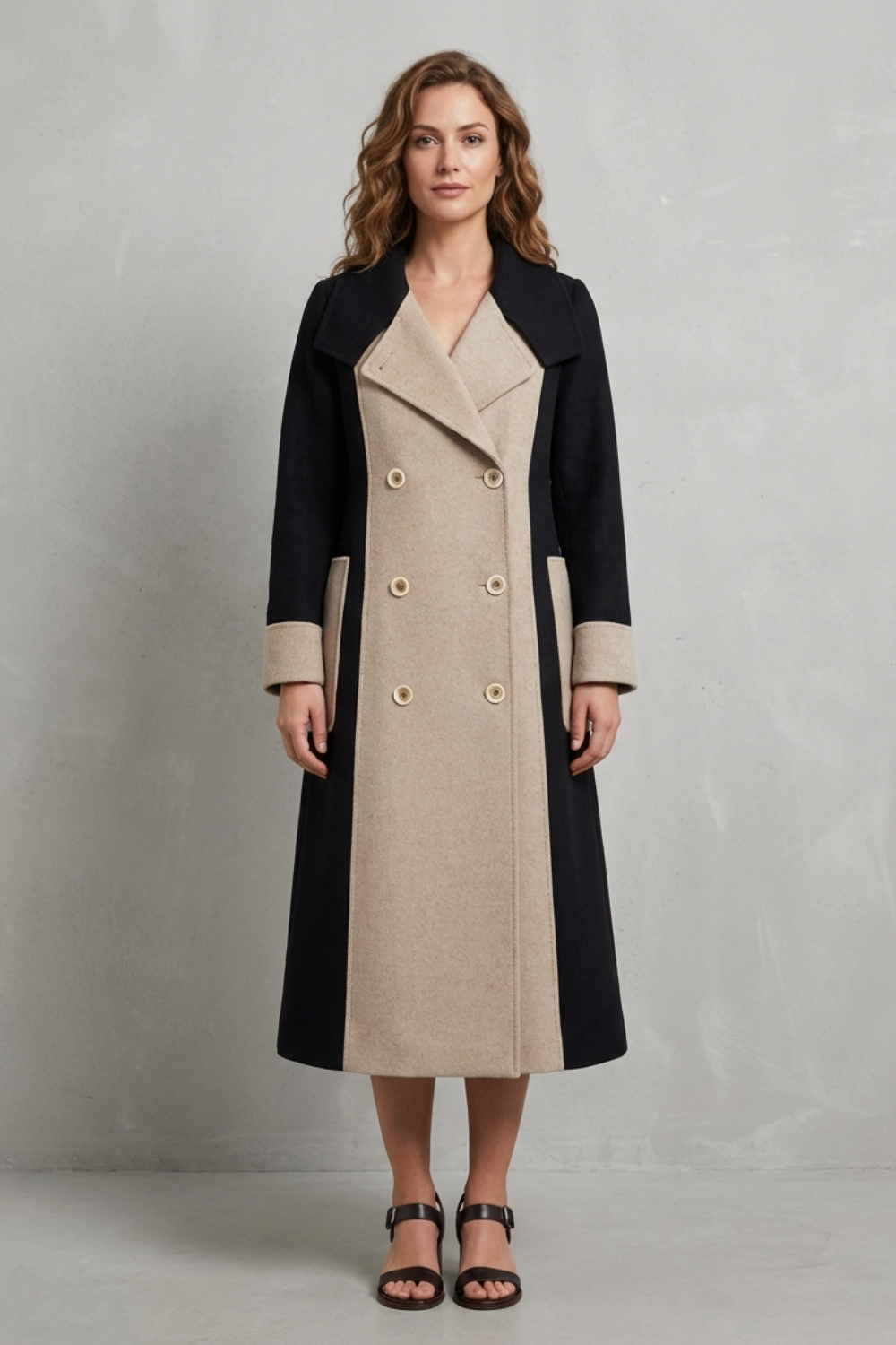 Contrast panel double breasted longline wool coat with a contrast panelling