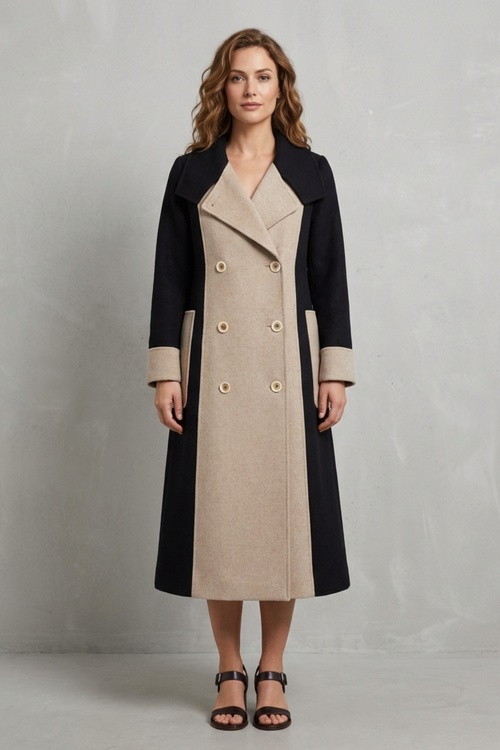 Contrast panel double breasted longline wool coat with a contrast panelling