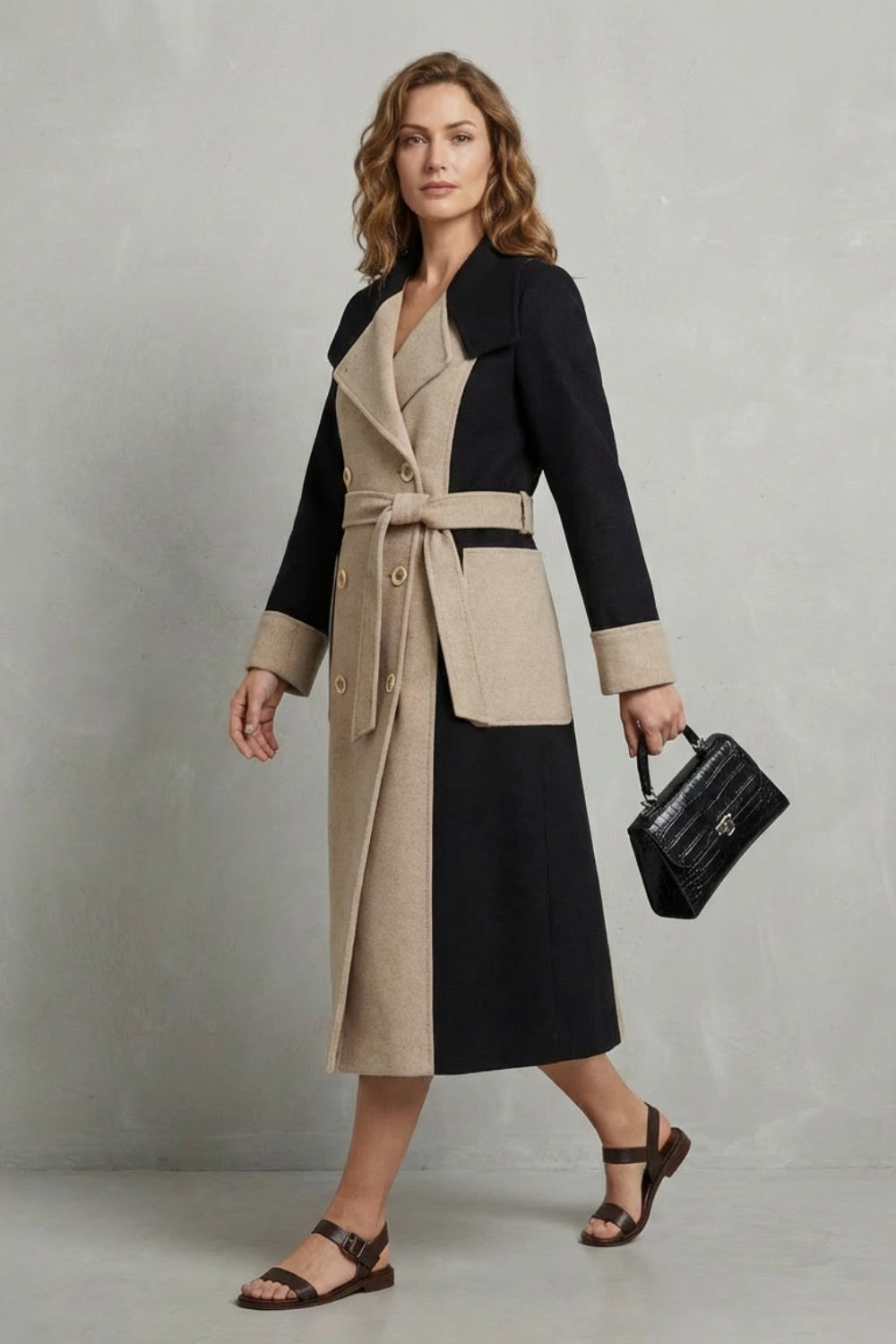 Contrast panel double breasted longline wool coat with structured lapels and wide cuffs