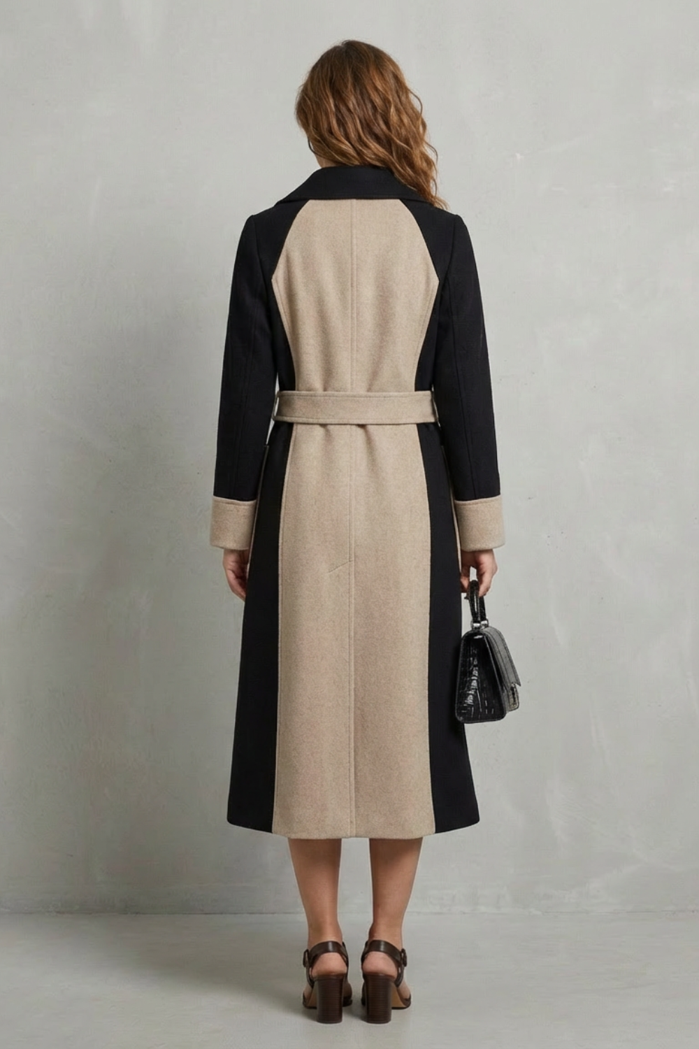 Contrast panel double breasted longline wool coat with a double breasted front