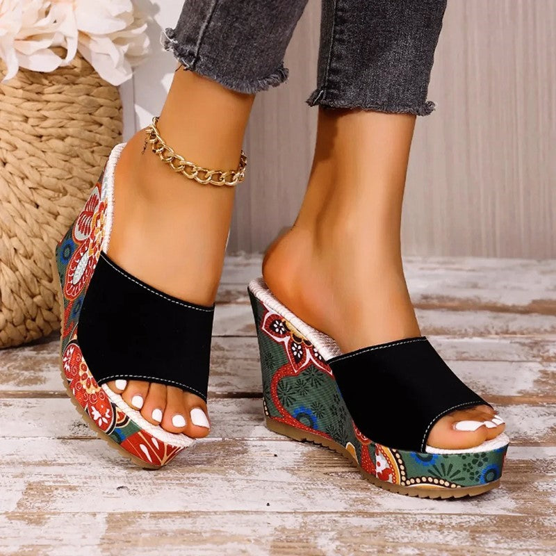 Velvet boho wedge sandals in green, worn view