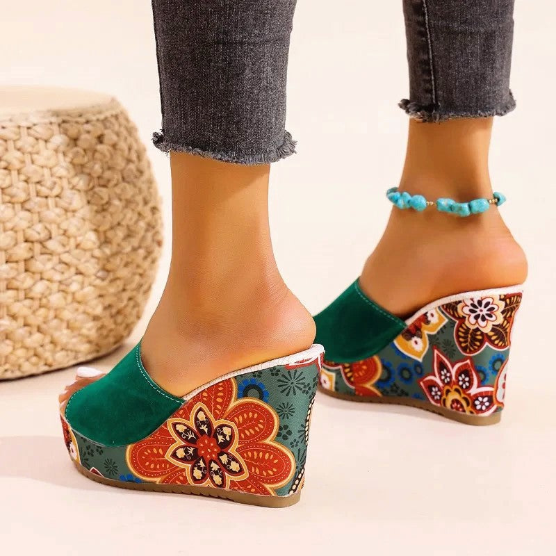 Velvet boho wedge sandals in orange, worn view