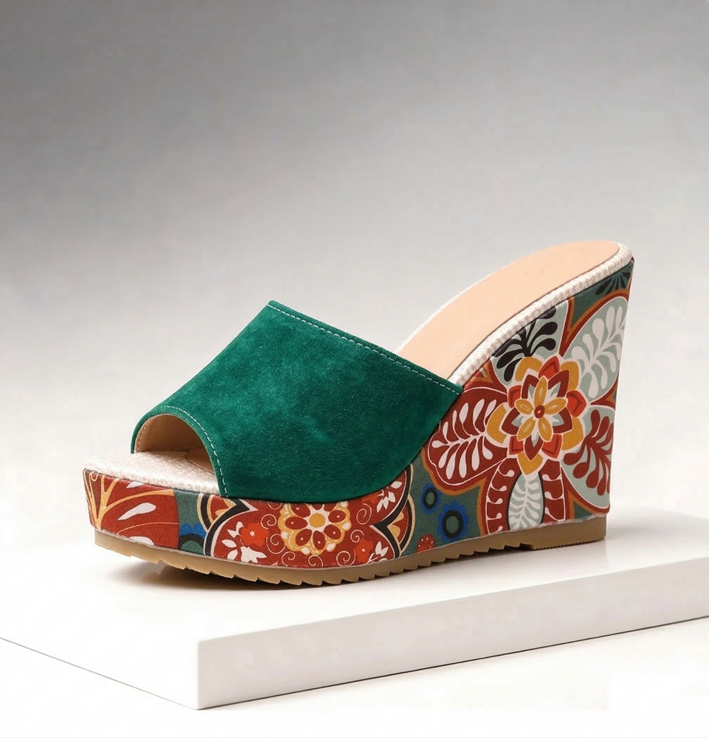 Velvet boho wedge sandals, strap detail view
