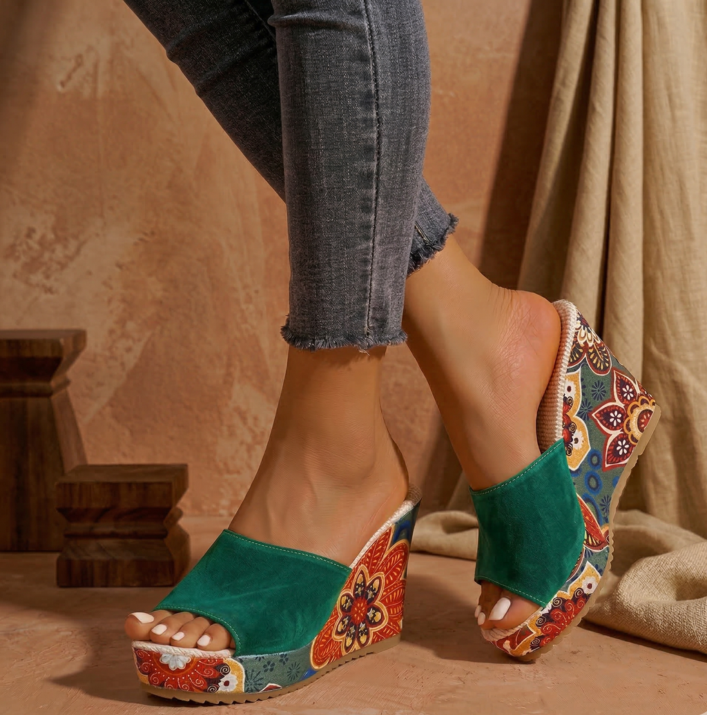 Velvet boho wedge sandals, heel detail view