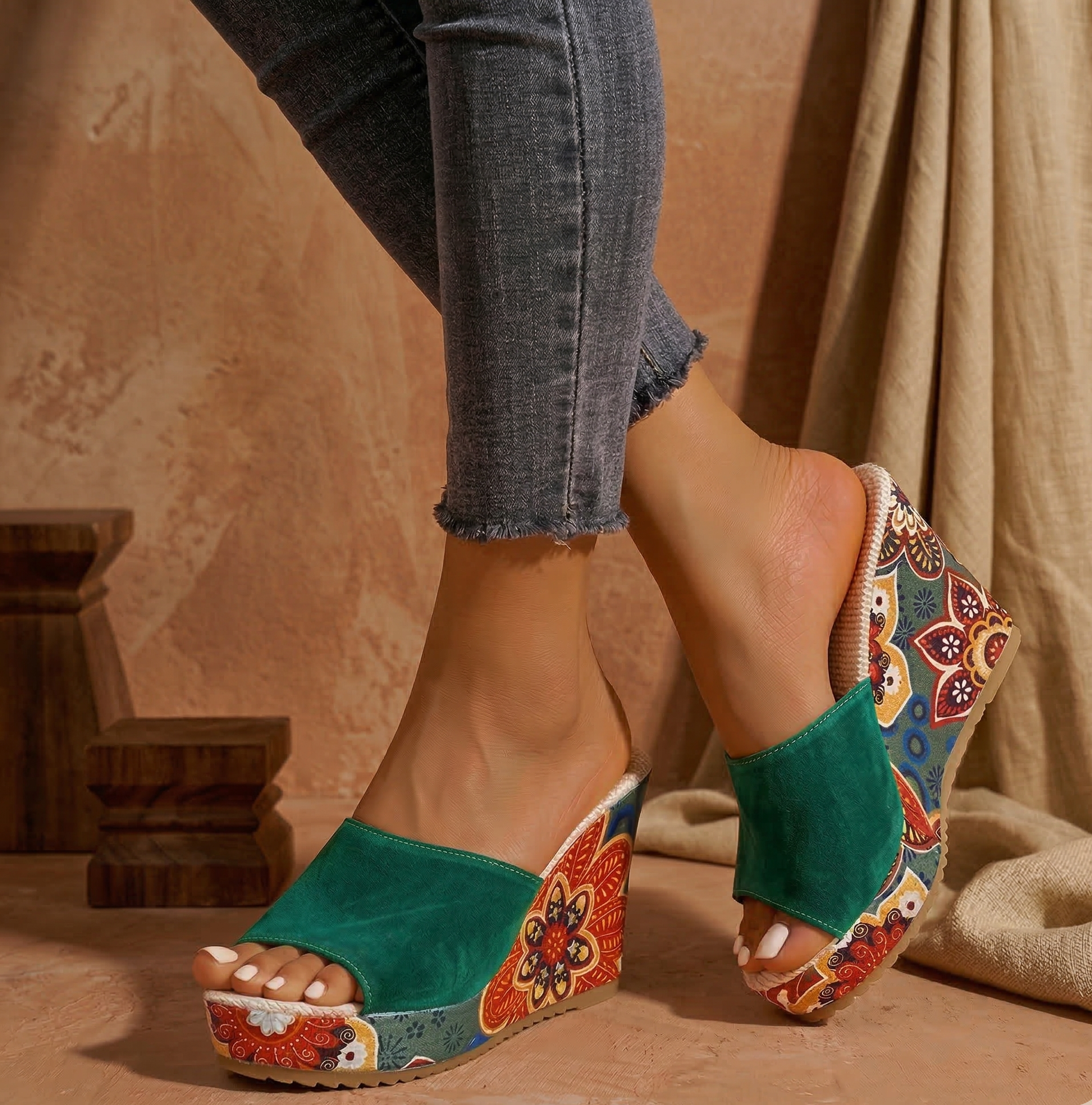 Velvet boho wedge sandals, heel detail view