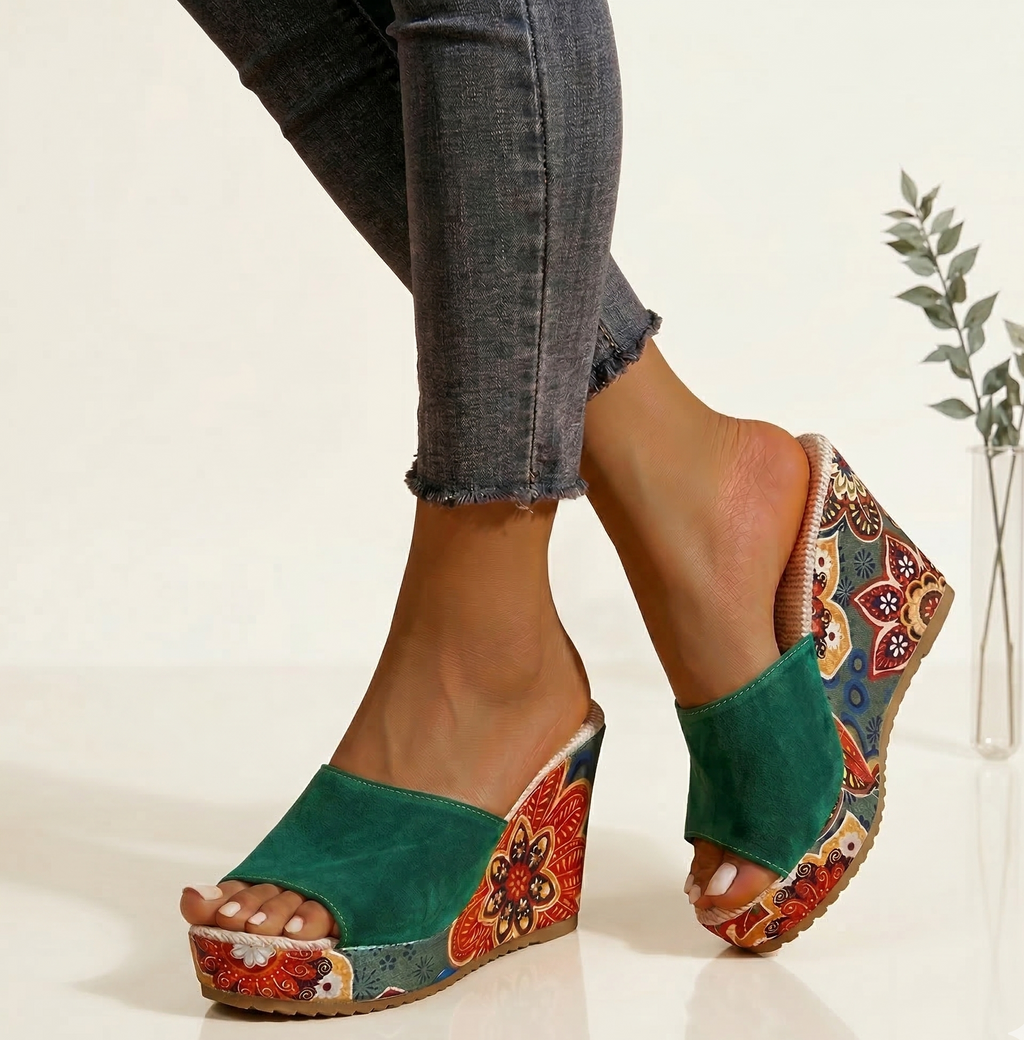 Velvet boho wedge sandals in orange, front view