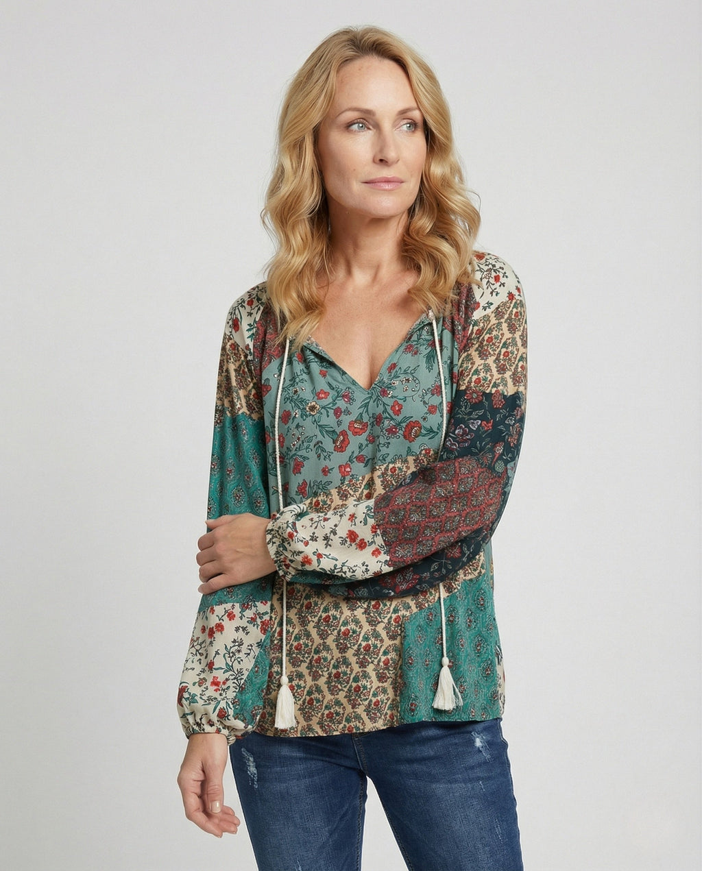 Women's Clara boho patchwork blouse front view grey