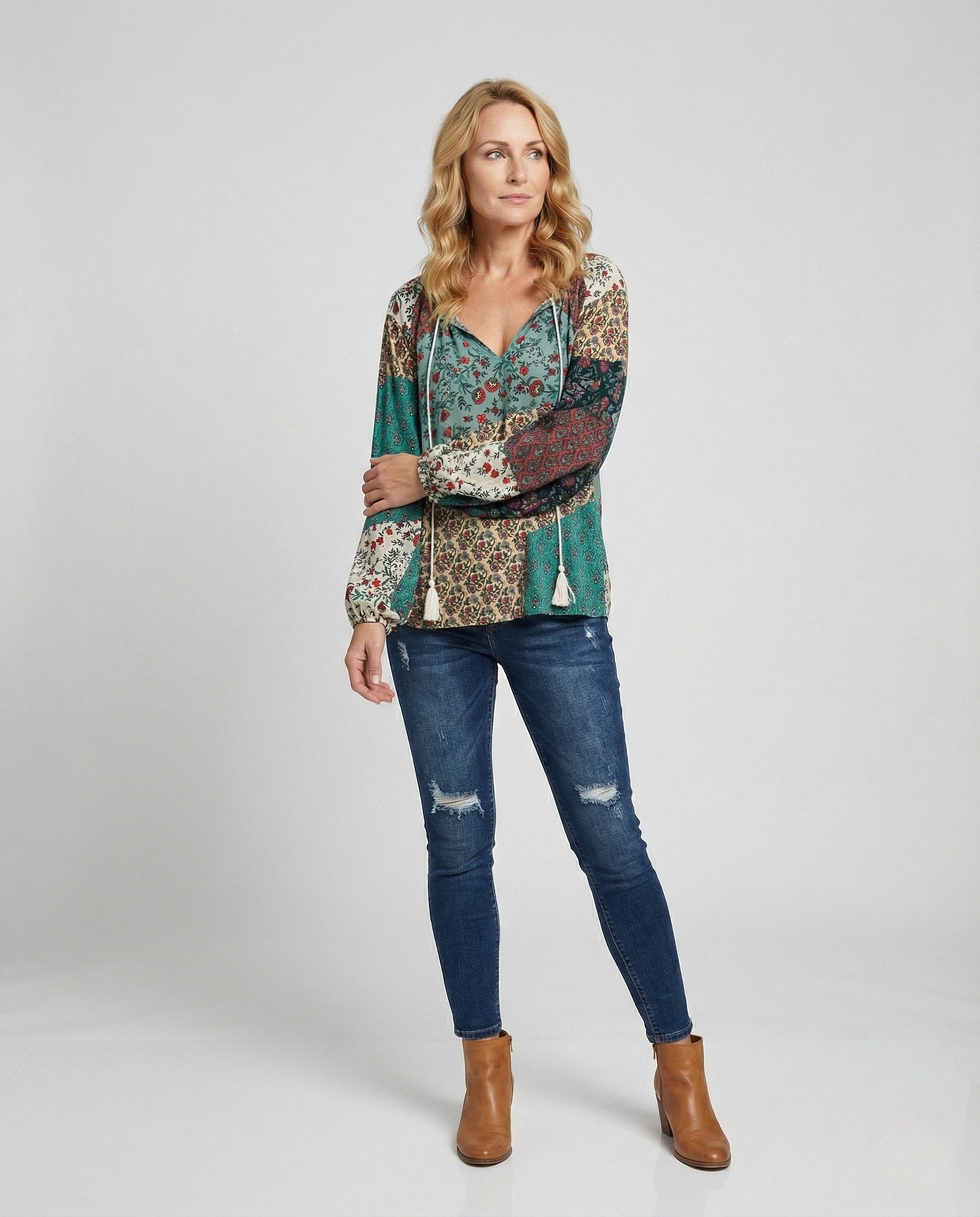 Patchwork blouse back view full length