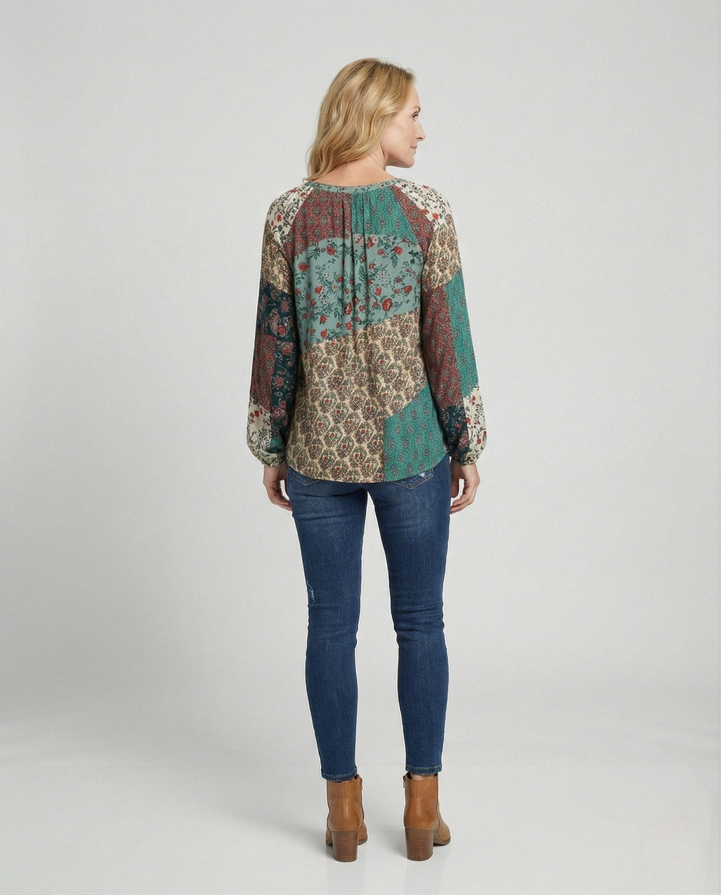 Boho patchwork blouse side profile view black