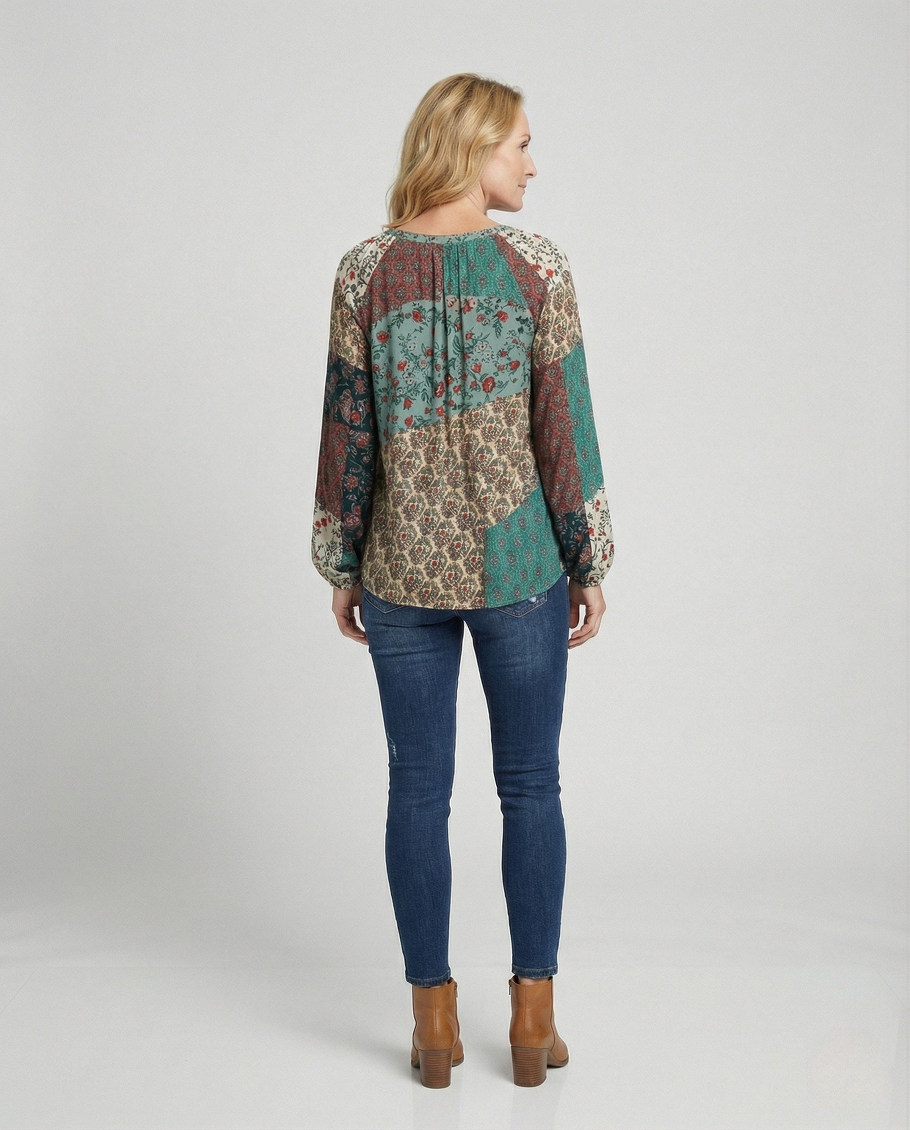 Boho patchwork blouse side profile view black