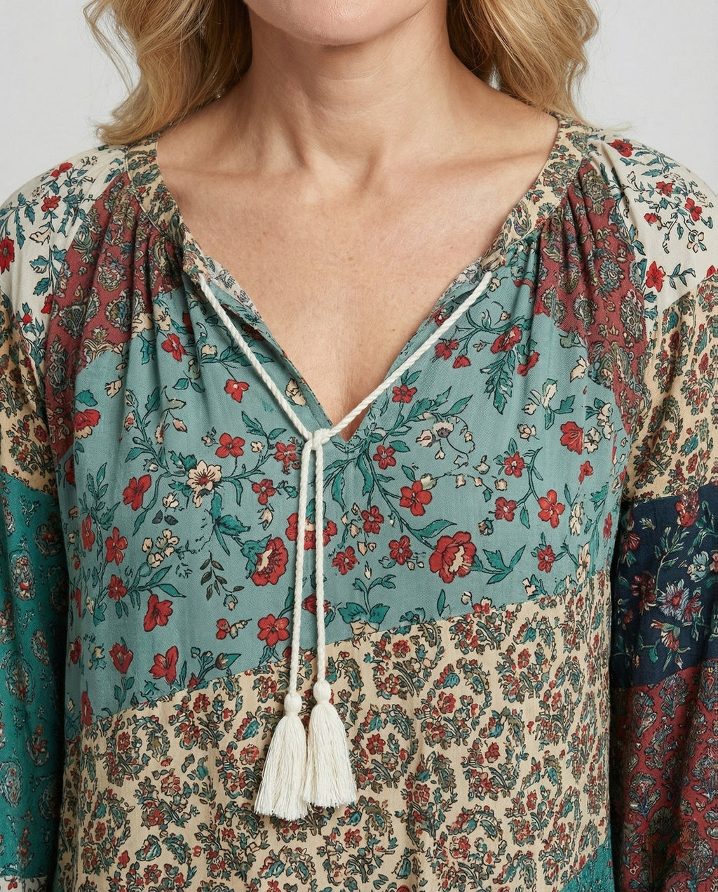 Patchwork detail close-up boho blouse green