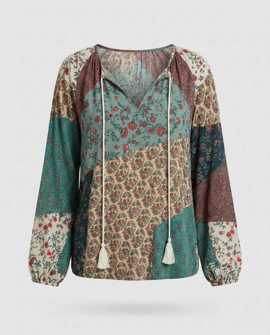 Clara patchwork blouse three-quarter view purple