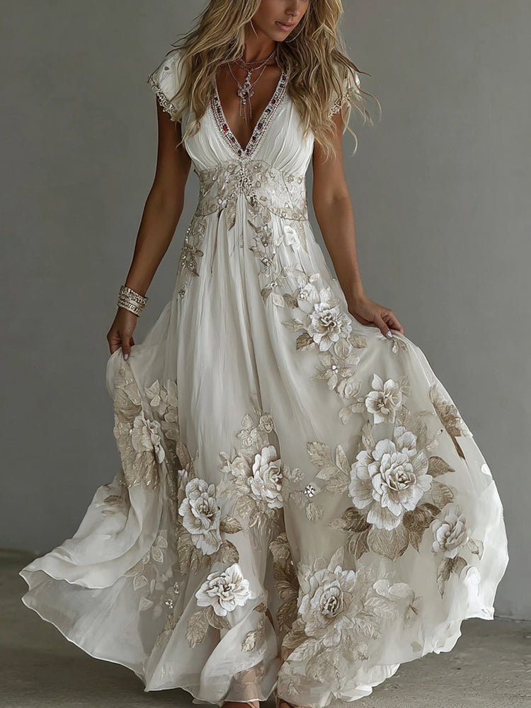 Vintage boho floral short sleeve maxi dress front view