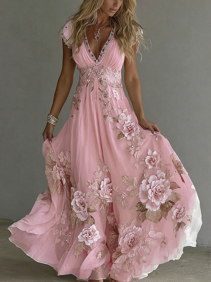 Vintage floral print detail close-up maxi dress
