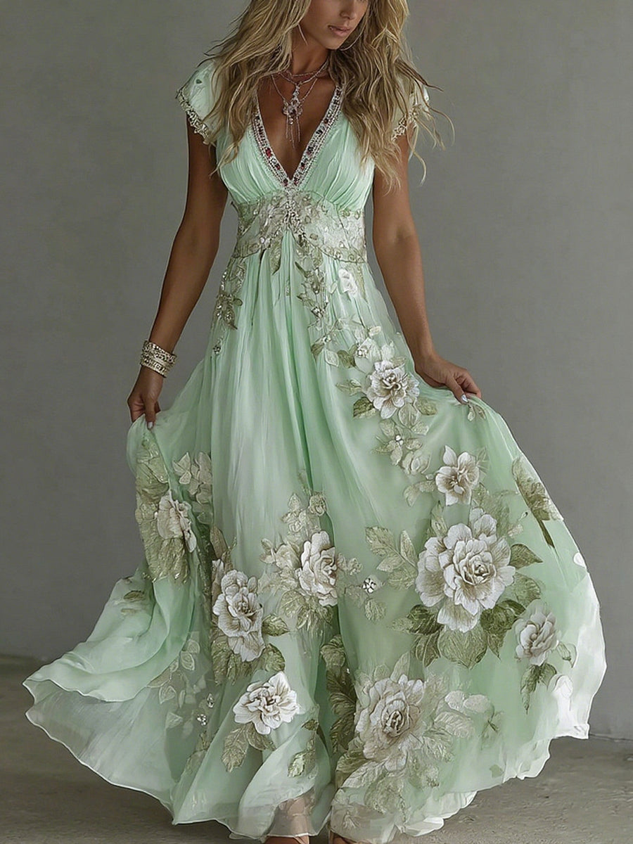 Floral maxi dress three-quarter view flowing