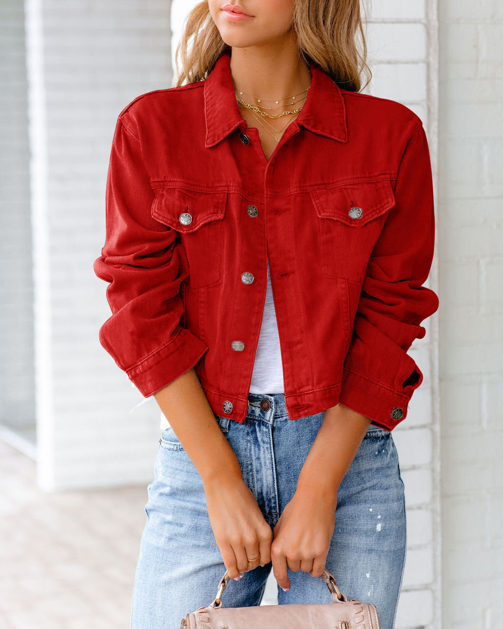 Pink cropped denim jacket