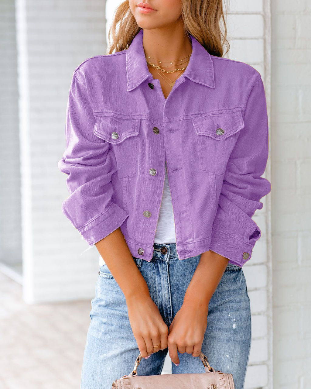 Pink cropped denim jacket