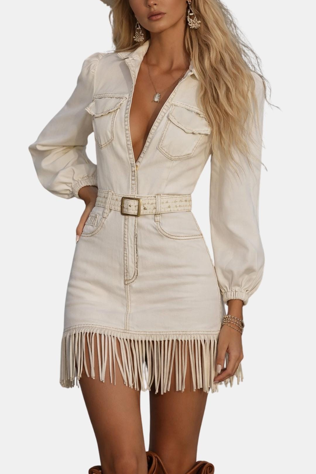 Damaris western denim mini dress front view cream fringe detail
