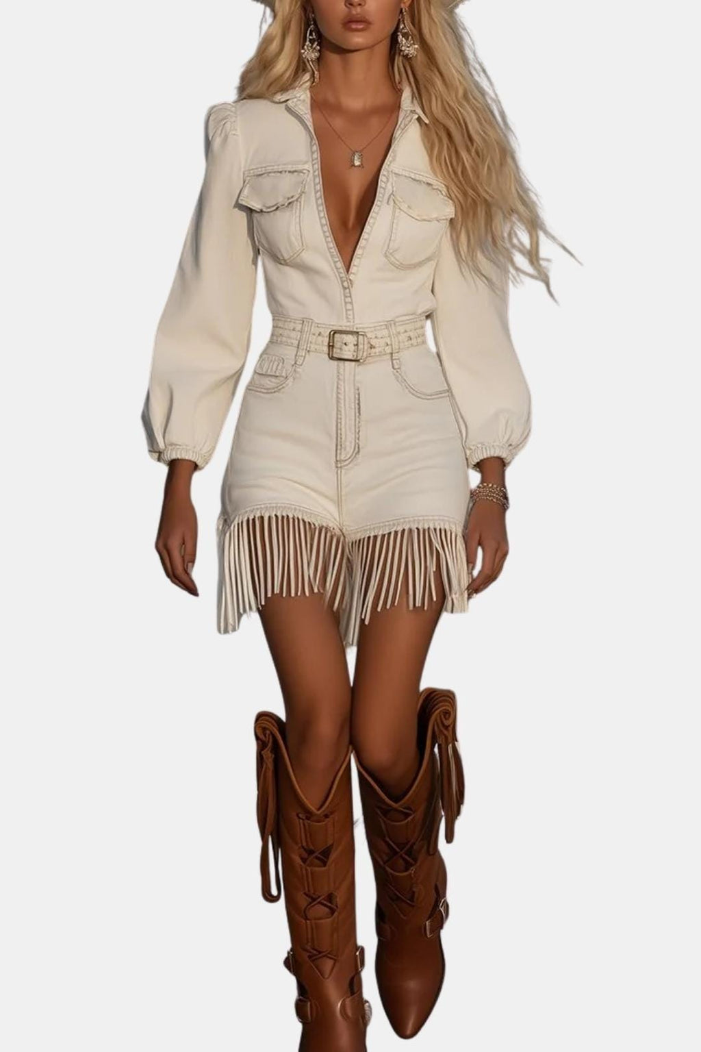 Denim mini dress back view full length fringe
