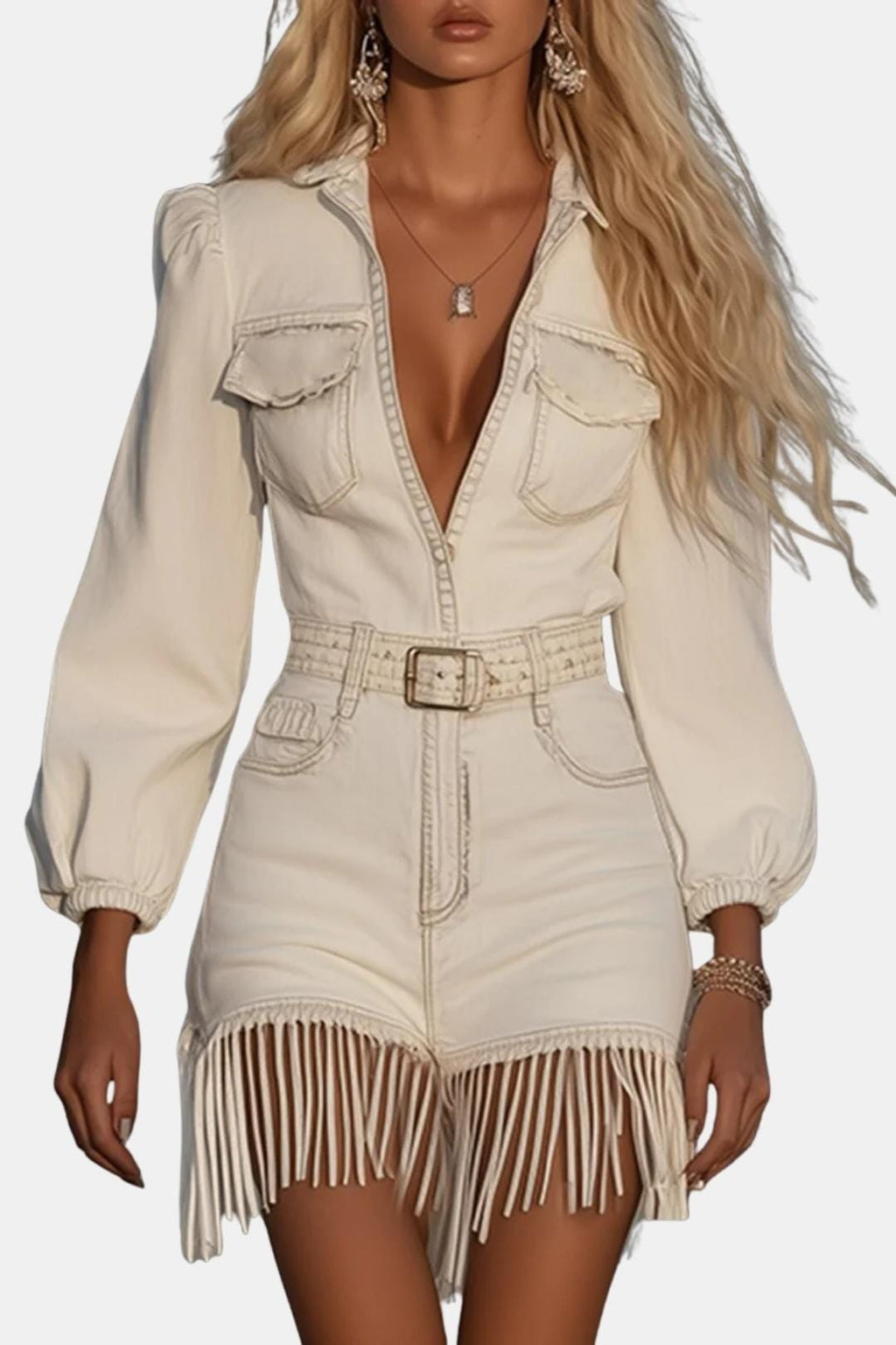 Fringe trim detail close-up denim mini dress