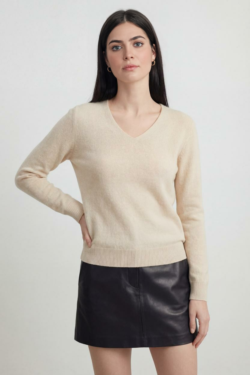 Women's Beige Merino Wool V-Neck Sweater