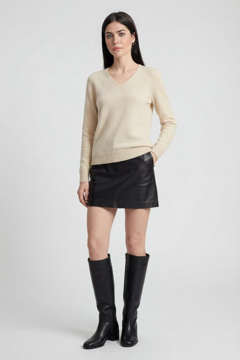 Women's Beige Merino Wool V-Neck Sweater