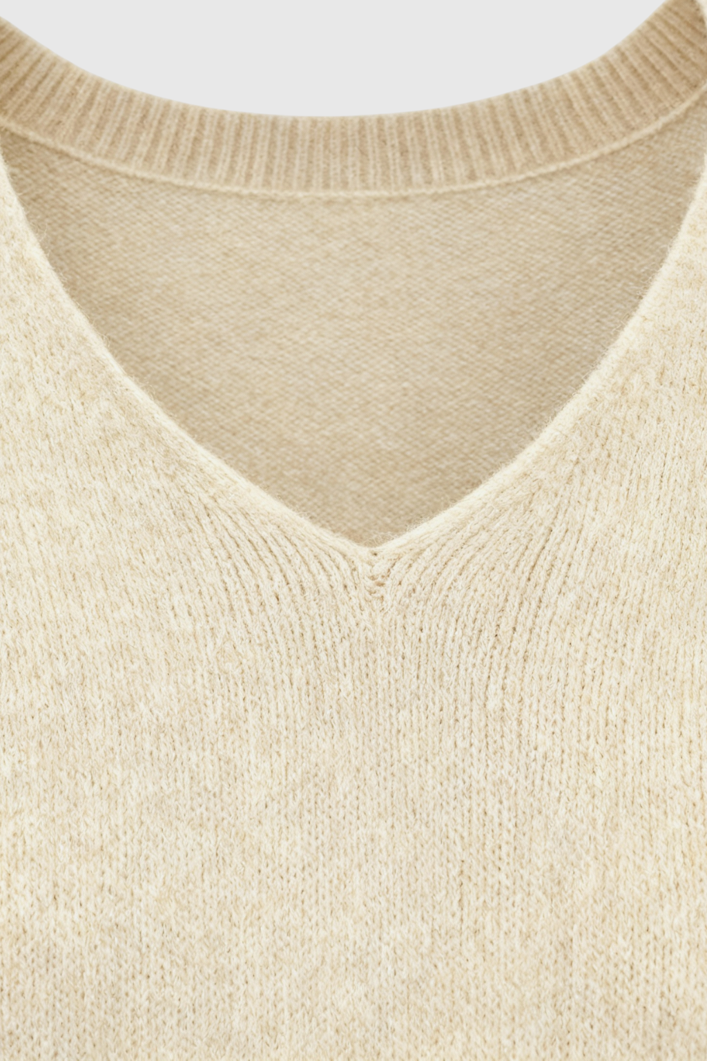 Women's Beige Merino Wool V-Neck Sweater