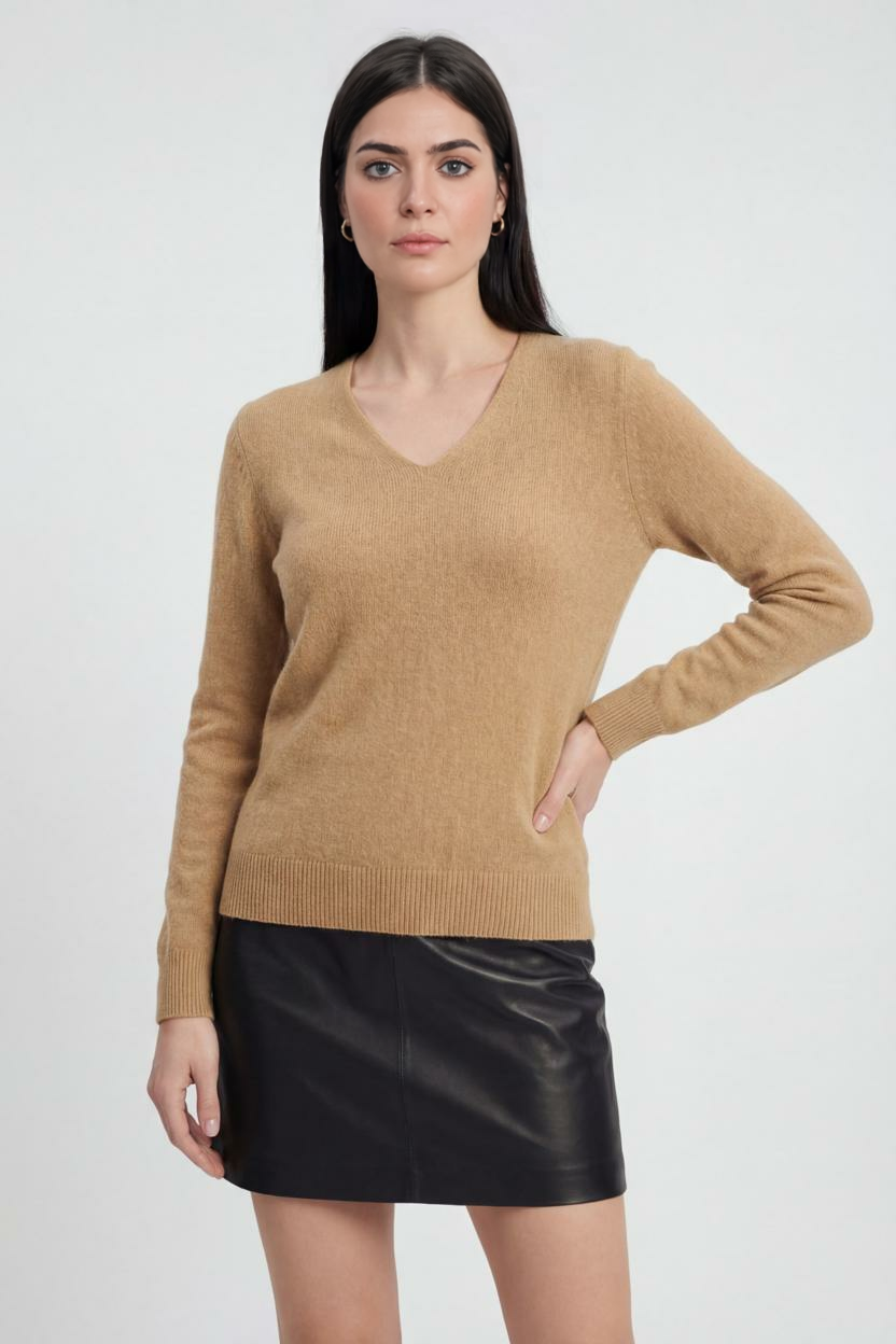 Women's Brown Merino Wool V-Neck Sweater