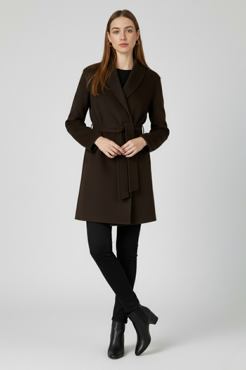 Women's Dark Brown Wool Coat with Waist Belt