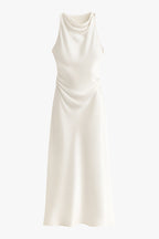 White ruched satin midi dress for women – draped cowl neckline detail