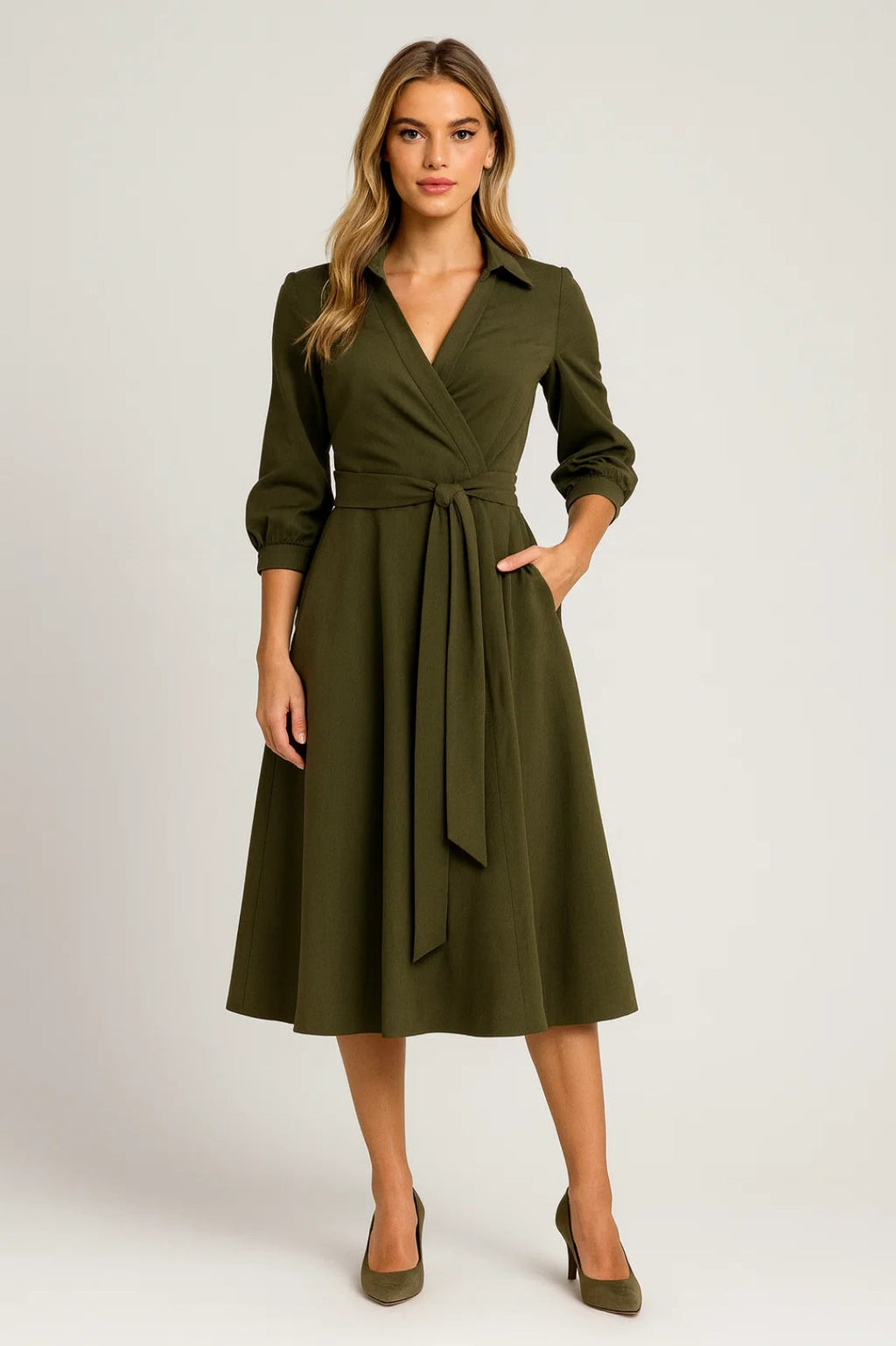 Women's long sleeve belted wrap midi dress in green – A-line front view