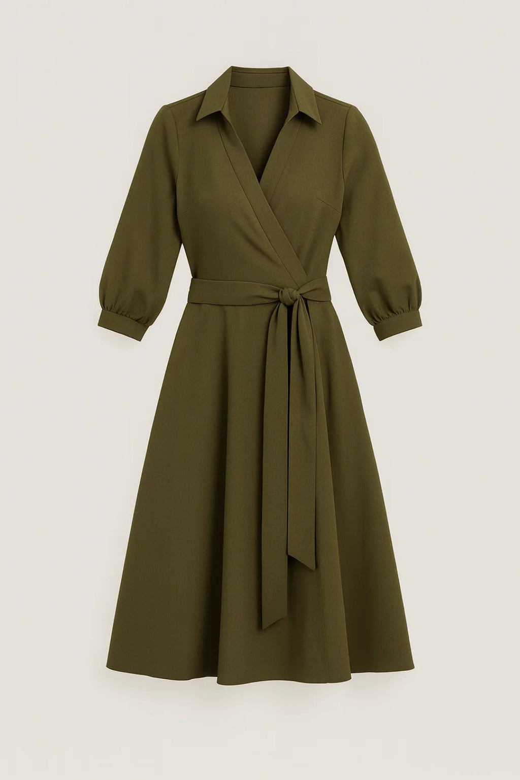 Belted wrap A-line midi dress in green – women's long sleeve V-neck style