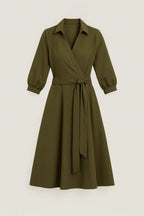 Belted wrap A-line midi dress in green – women's long sleeve V-neck style