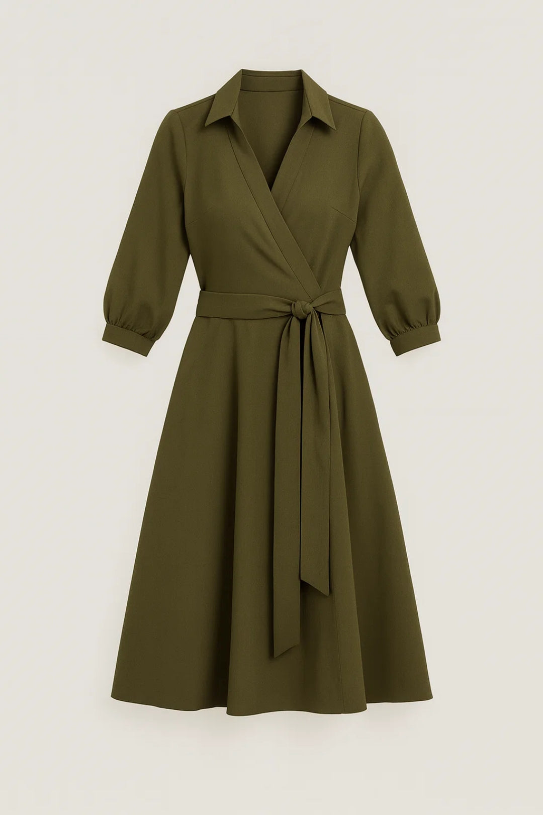 Belted wrap A-line midi dress in green – women's long sleeve V-neck style