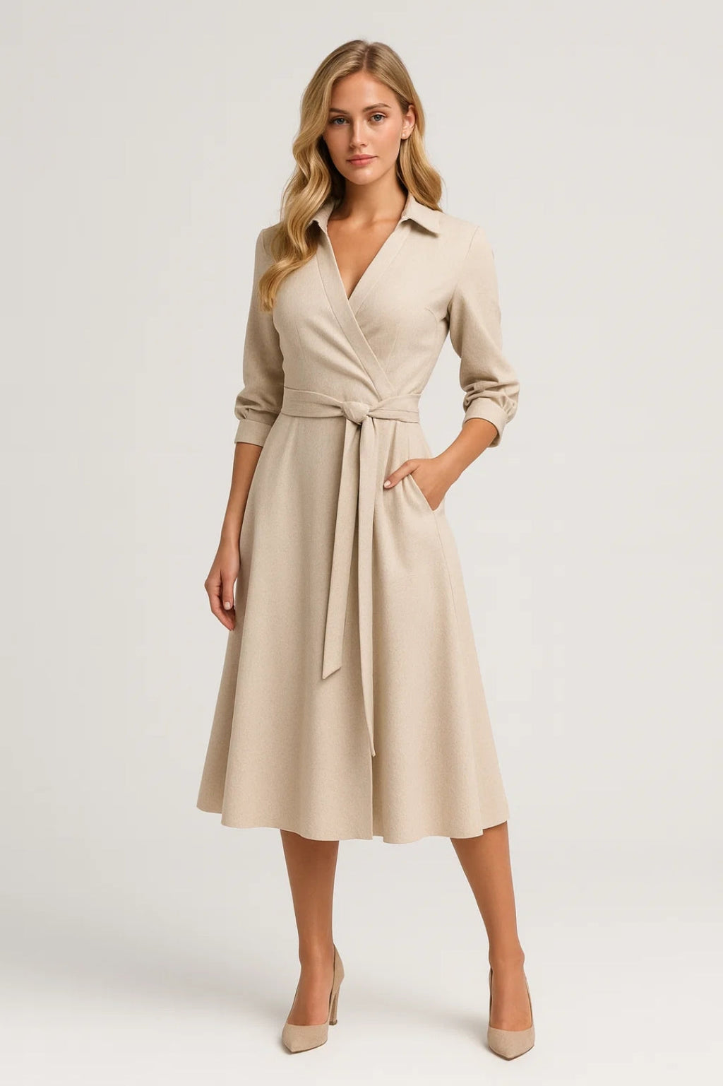 Women's long sleeve wrap midi dress in beige – belted A-line full length view