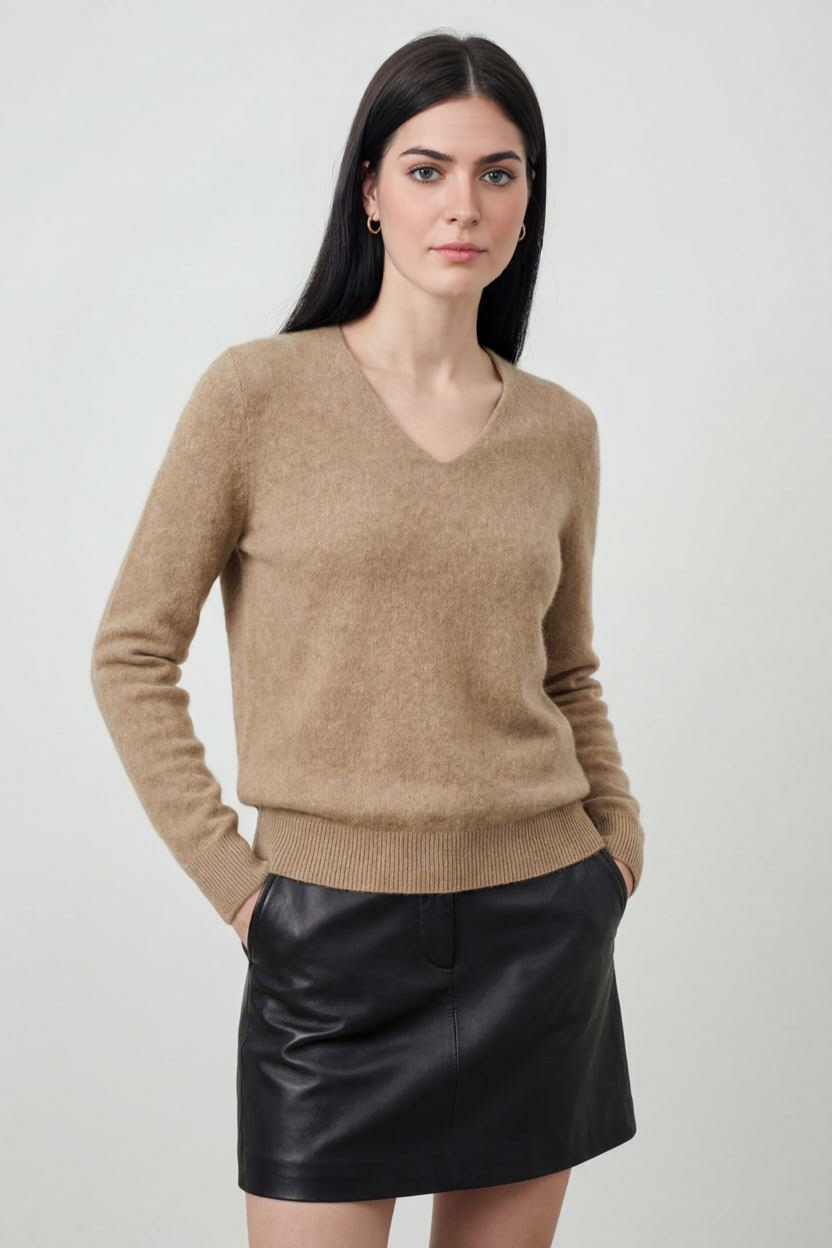 Women's Khaki Merino Wool V-Neck Sweater