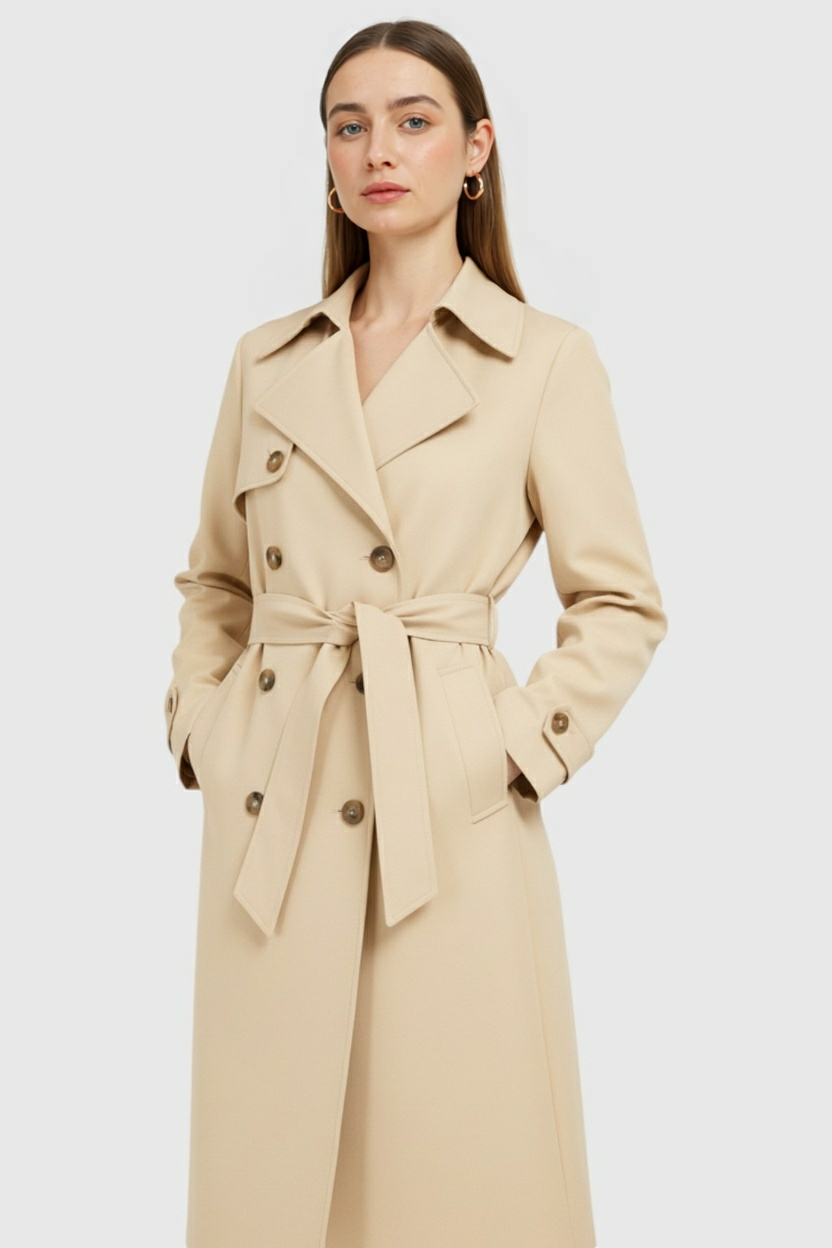Women's Long Beige Trench Coat with Belt