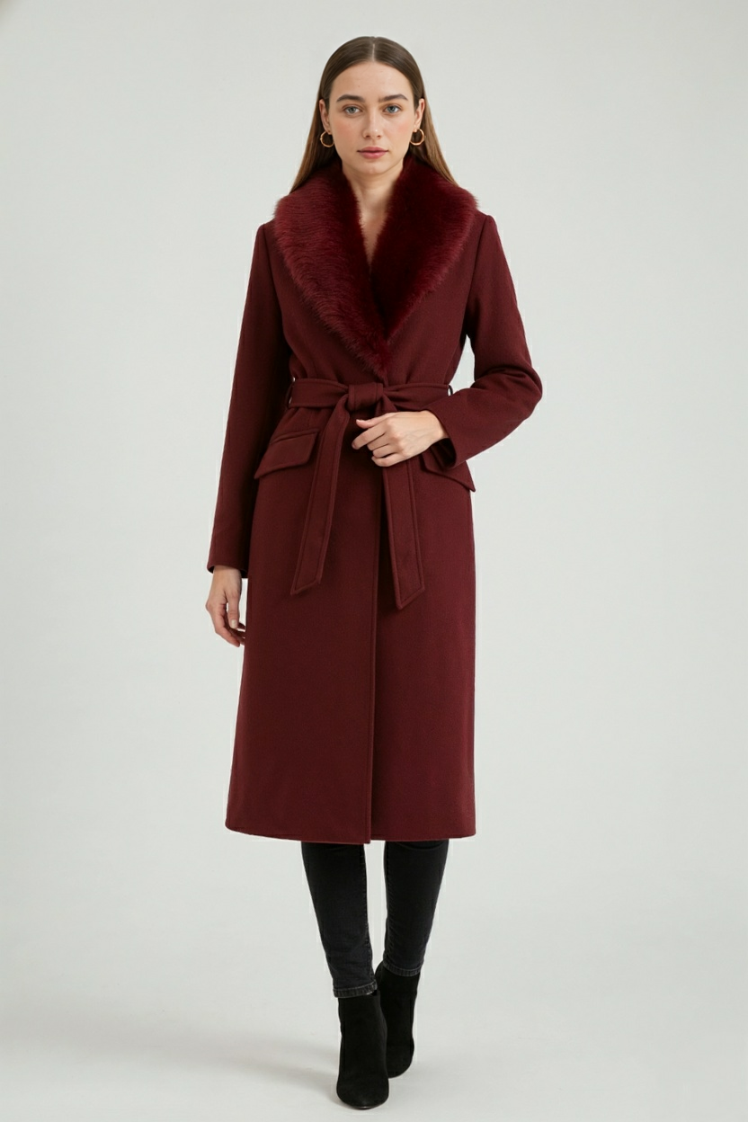 Women's Long Burgundy Wool Coat with Fur Collar