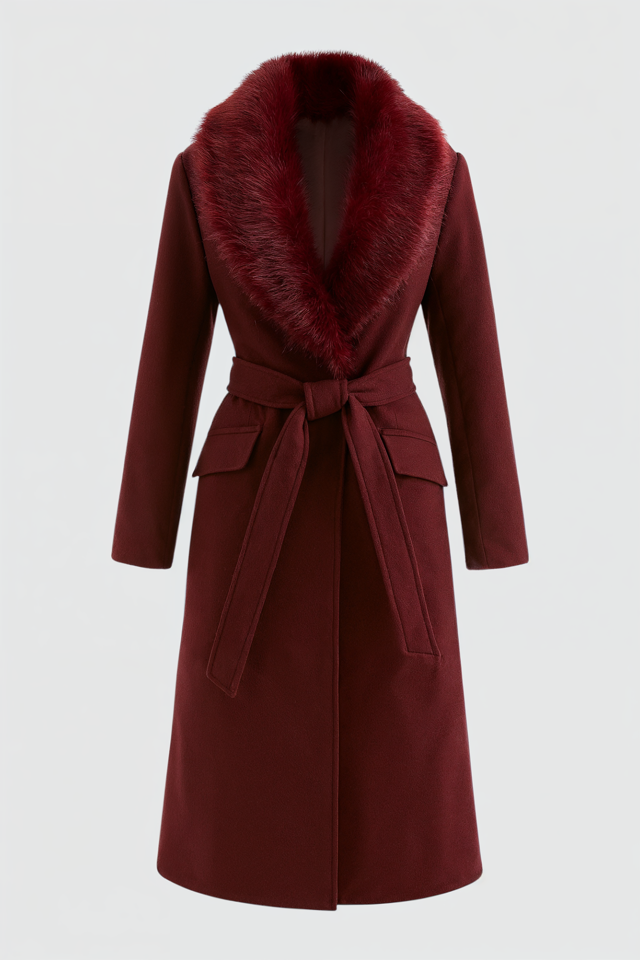Women's Long Burgundy Wool Coat with Fur Collar