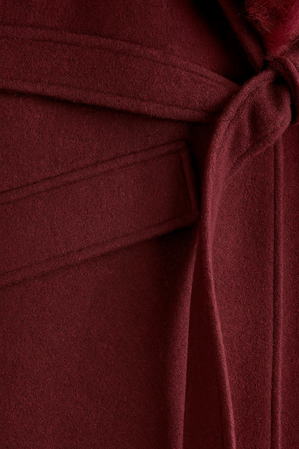 Women's Long Burgundy Wool Coat with Fur Collar