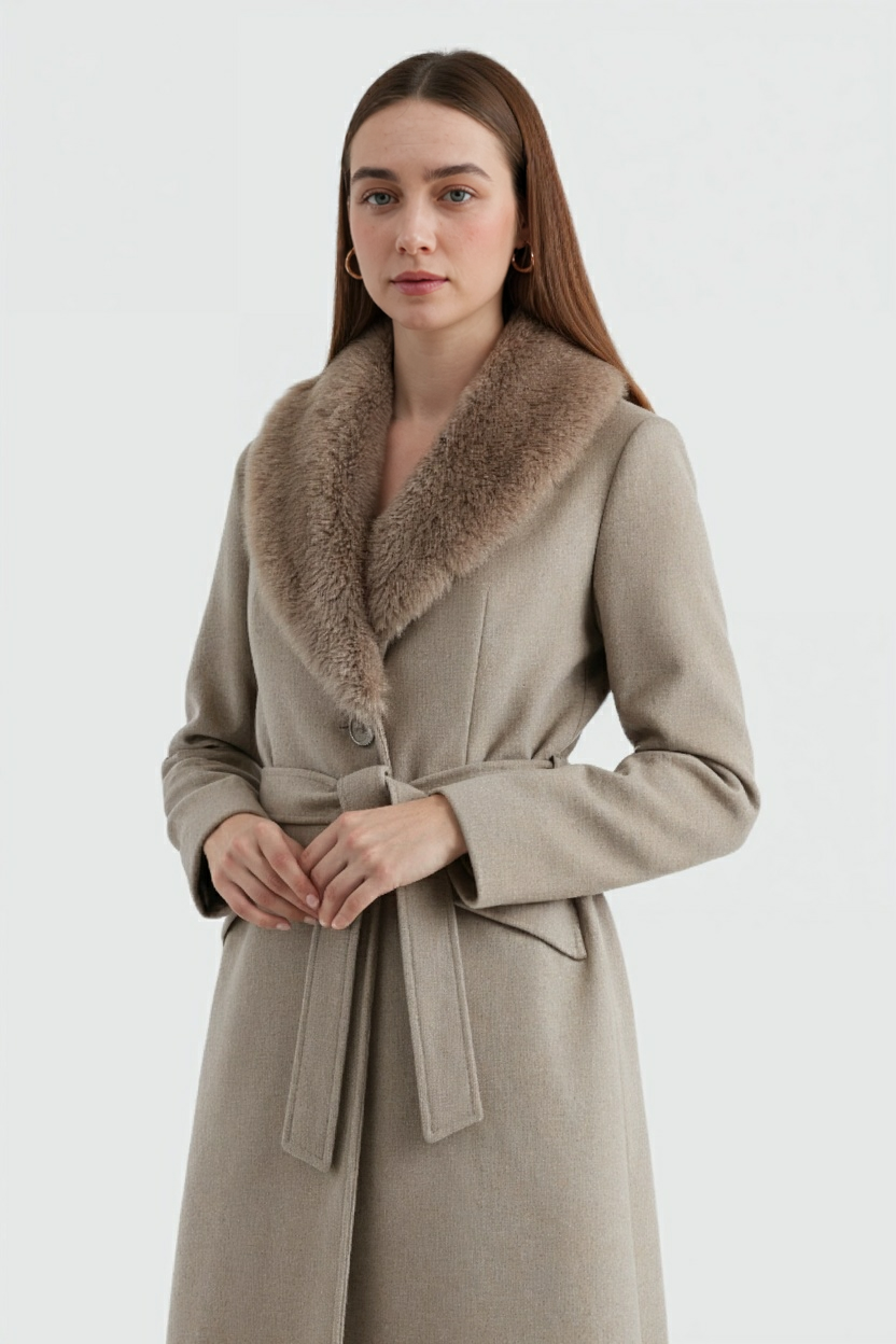 Women's Long Khaki Wool Coat with Fur Collar