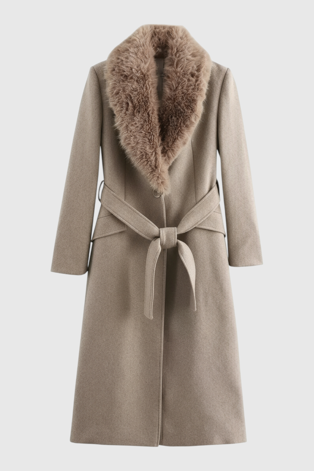 Women's Long Khaki Wool Coat with Fur Collar
