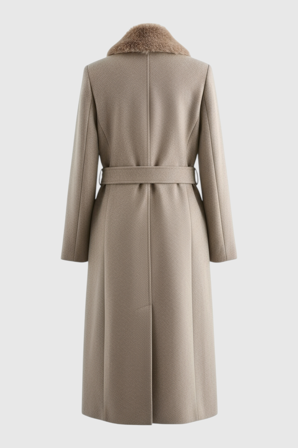 Women's Long Khaki Wool Coat with Fur Collar