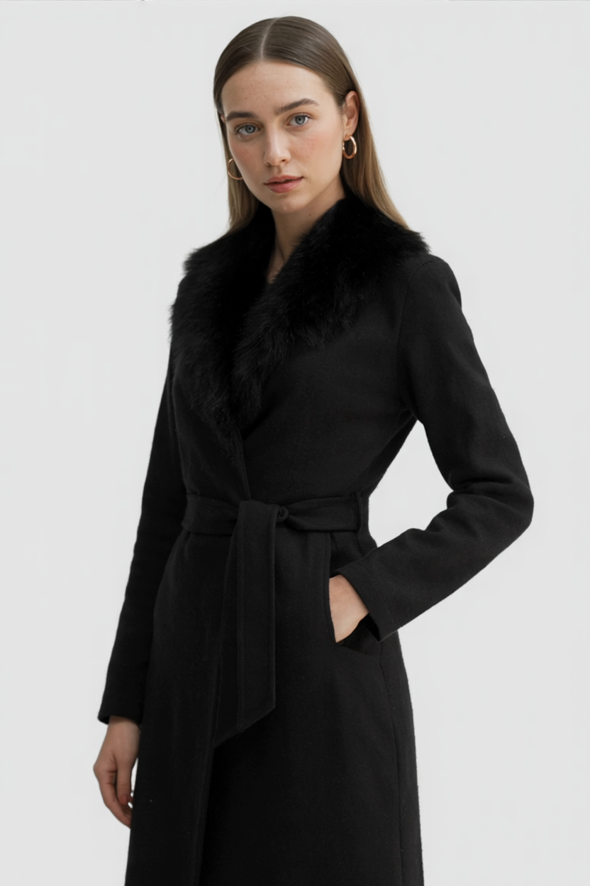 Women's Long Black Wool Coat with Fur Collar