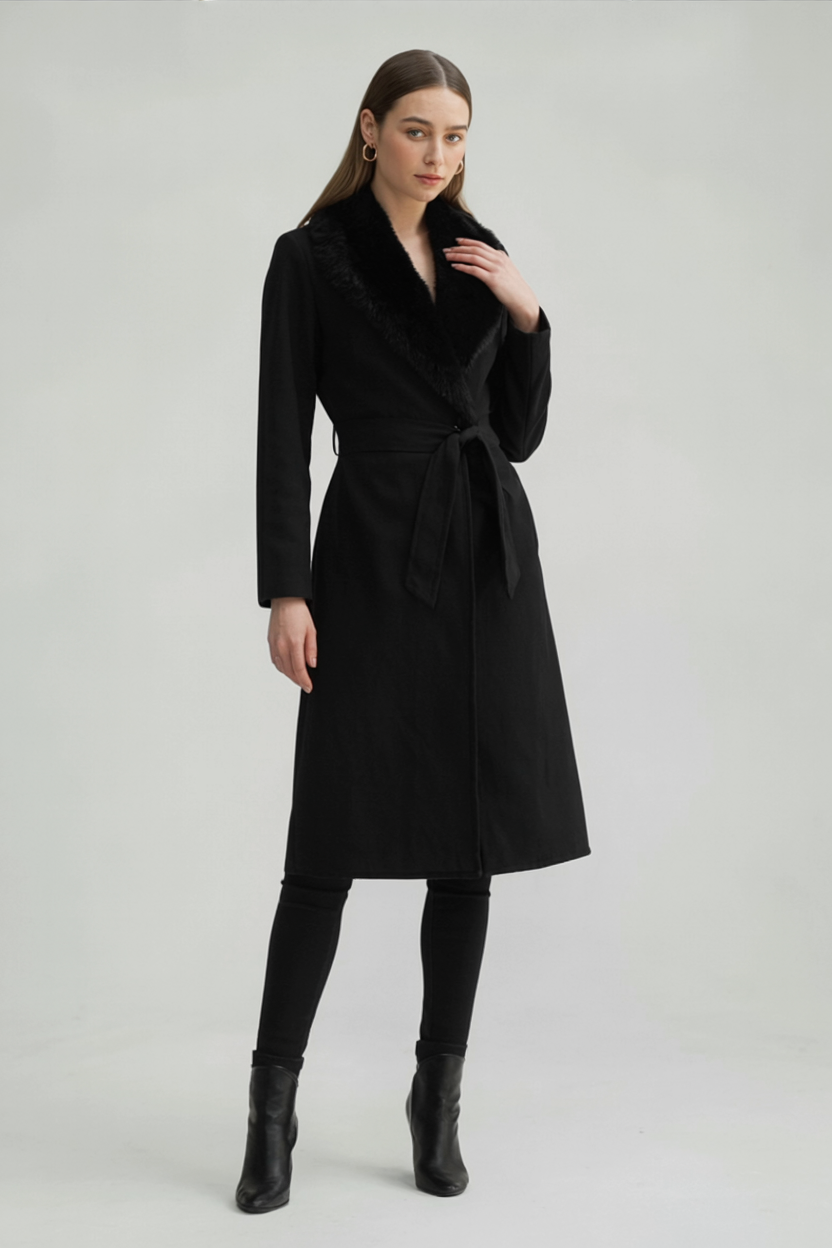Women's Long Black Wool Coat with Fur Collar